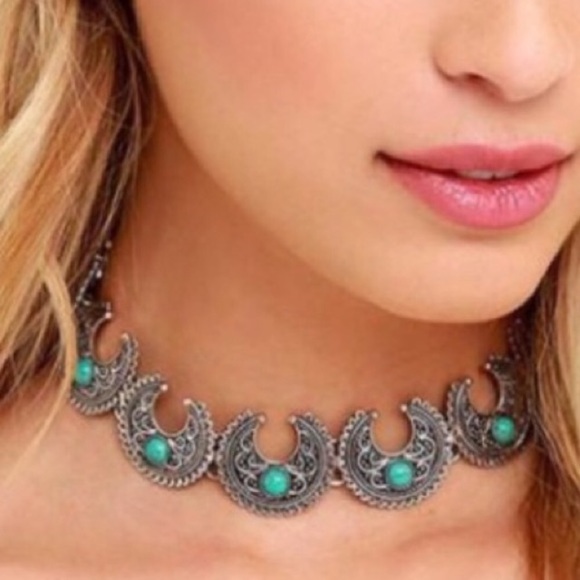Crescent Moon, Gypsy Boho Choker Necklace NWT Silver & Turquoise, Gold & Black - Picture 2 of 7